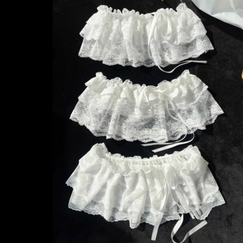 ホワイトレースメッシュペプラムスカート夏の女性用ジーンズ装飾女性用Y2K韓国レースミニレイヤードスカート