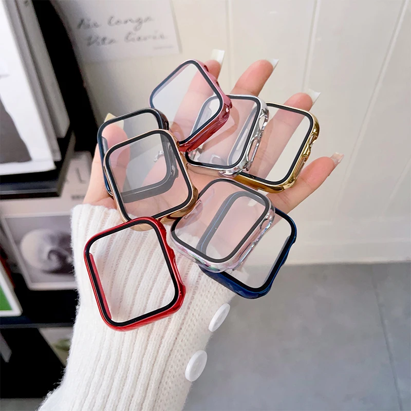 Vidro + capa para apple watch capa série 9-8 7 6 5 4 3 se 44mm 40-42-38-41mm 45mm protetor de tela amortecedor apple watch acessórios
