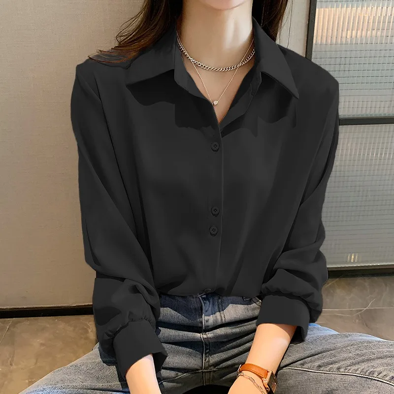 Black Long Sleeve Shirt Women's Loose Professional Style Spring New Design Large Size Fashionable Casual Top  Collar Butt...