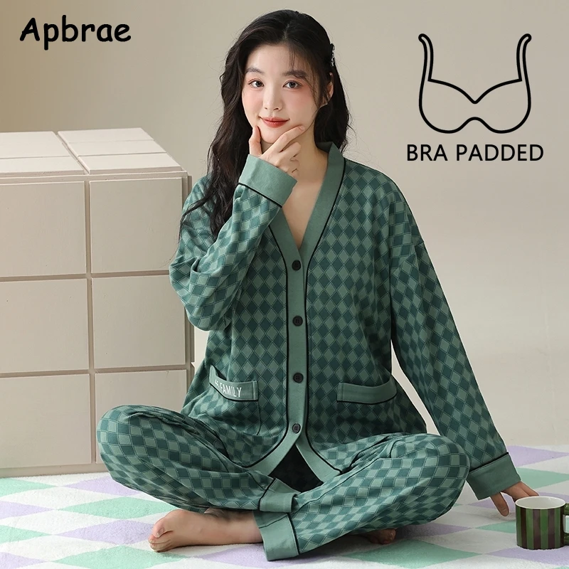 New Autumn Sweet Girl Kimono Pajamas with Bra Pads Long Sleeves Full Pants Pyjamas Cardigan Cotton Pajama Sets Woman Nightwear