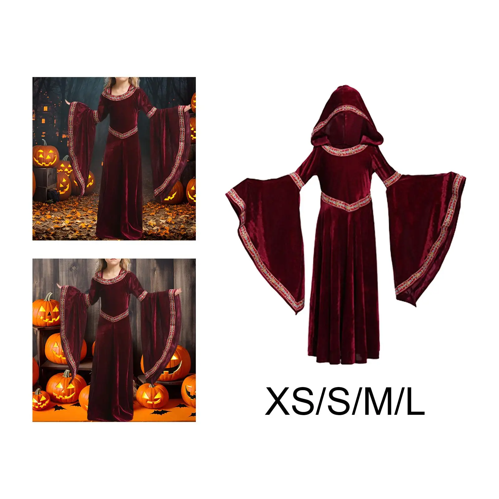 Halloween Girl Medieval Dress Death Cape Wizard Robe Grim Cowl Gothic Dress up Witch Cape Costume Halloween Tunic Hooded Hooded