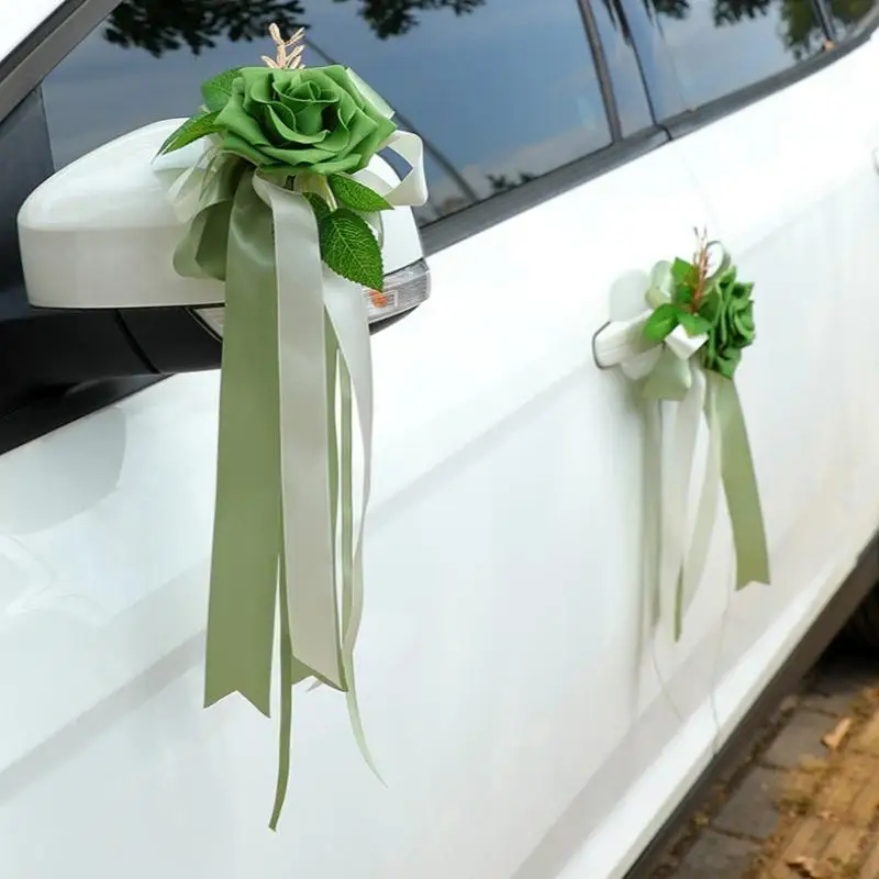 Wedding Car Mirror Flower Bow Decor 1Pcs Retro Handle Door Decoration for Elegant Bridal Vehicle Scene
