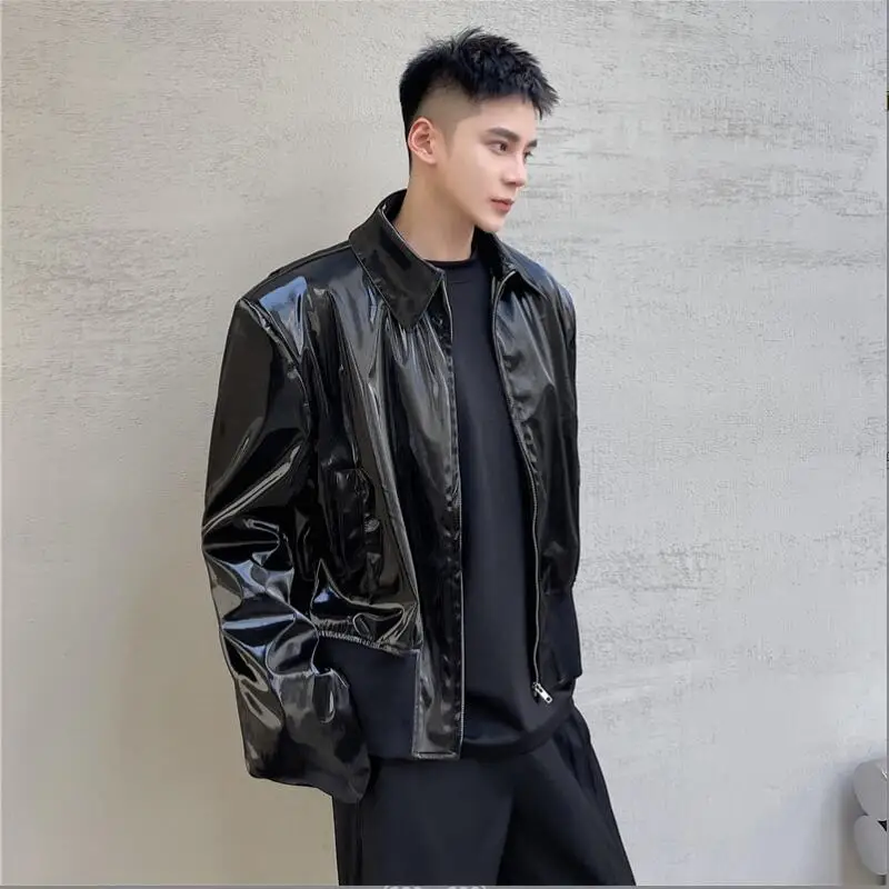 

Glossy Faux Leather Jacket Men Turn Down Collar 2022 Autumn Winter Motorcycle Mens Zip Up Loose PU Coat Black Street w369