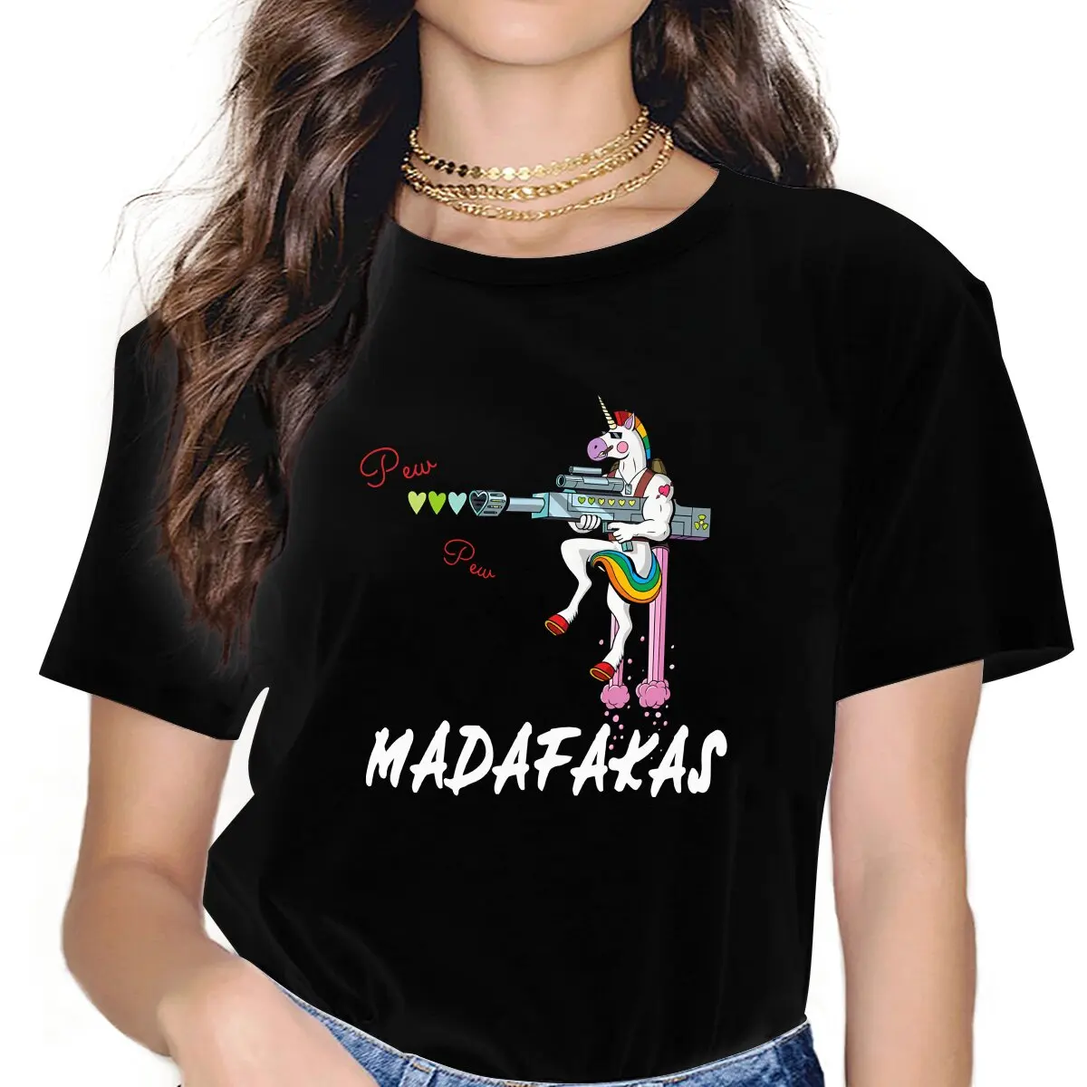 Unicorn Women's T Shirts Pew Pew Madafakas Cat Animal Vintage Tees Short Sleeve Round Neck T-Shirts New Arrival Clothes