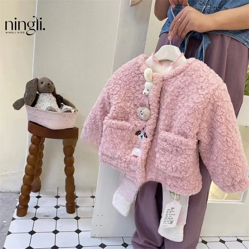 

Fleece-Lined Suit Autumn and Winter Clothing Korean Style Girls' Animal Doll Furry Cotton Coat Jacket Striped Leggings