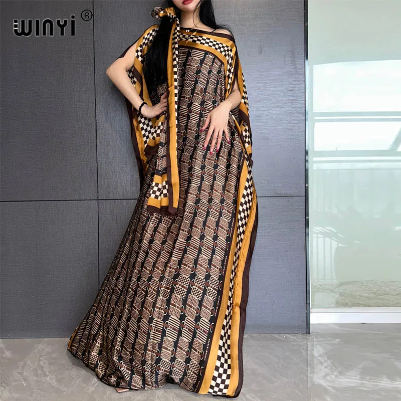 WINYI New Style Silk loose African Women Clothing Dubai Muslim Dashiki kaftan Retro print Design With Scarf Loose beach dress