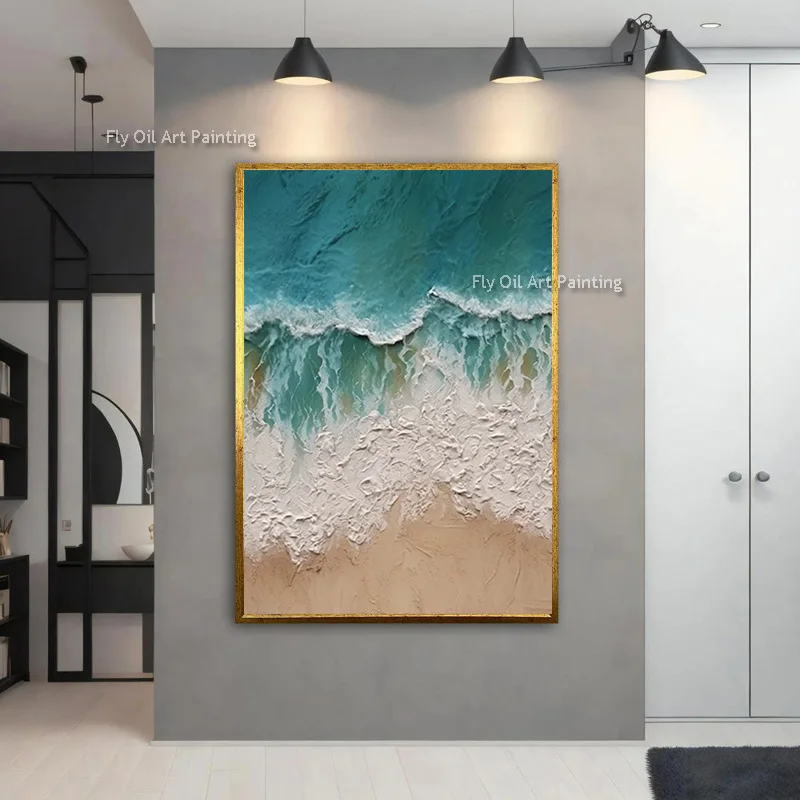 Green Blue White Seaside Wave Canvas Oil Painting Large Hand Drawn Fashional Design Orange White Wall Art Items For Home Decor