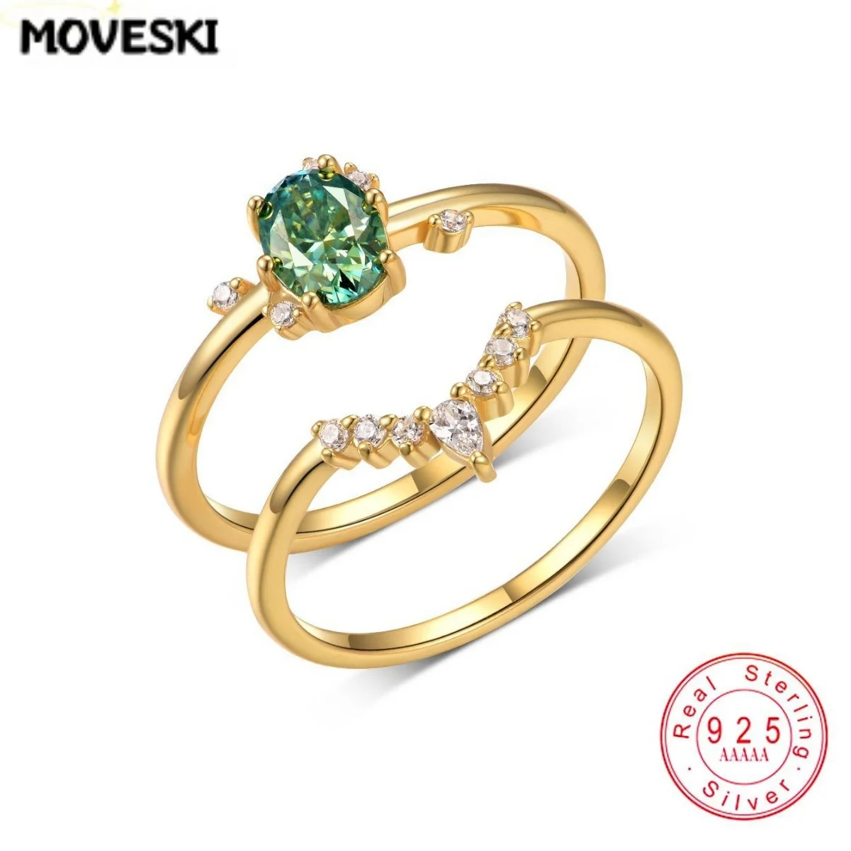 925 Sterling Silver Hypoallergenic 1CT Oval Green Moissanite 2Pcs Stackable Ring Set Women Party Valentine Jewelry Gift
