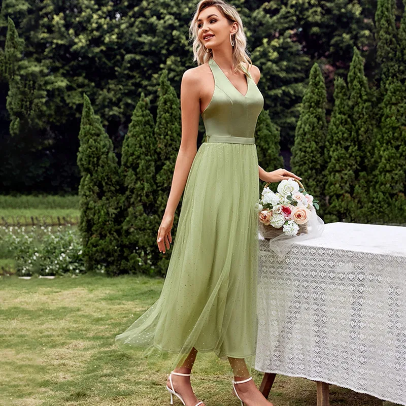 Sexy Tulle A Line V Neck Pleat Halter Bridesmaid Dresses Wedding Party Prom Homecoming Birthday Cocktail Ankle Length Zipper