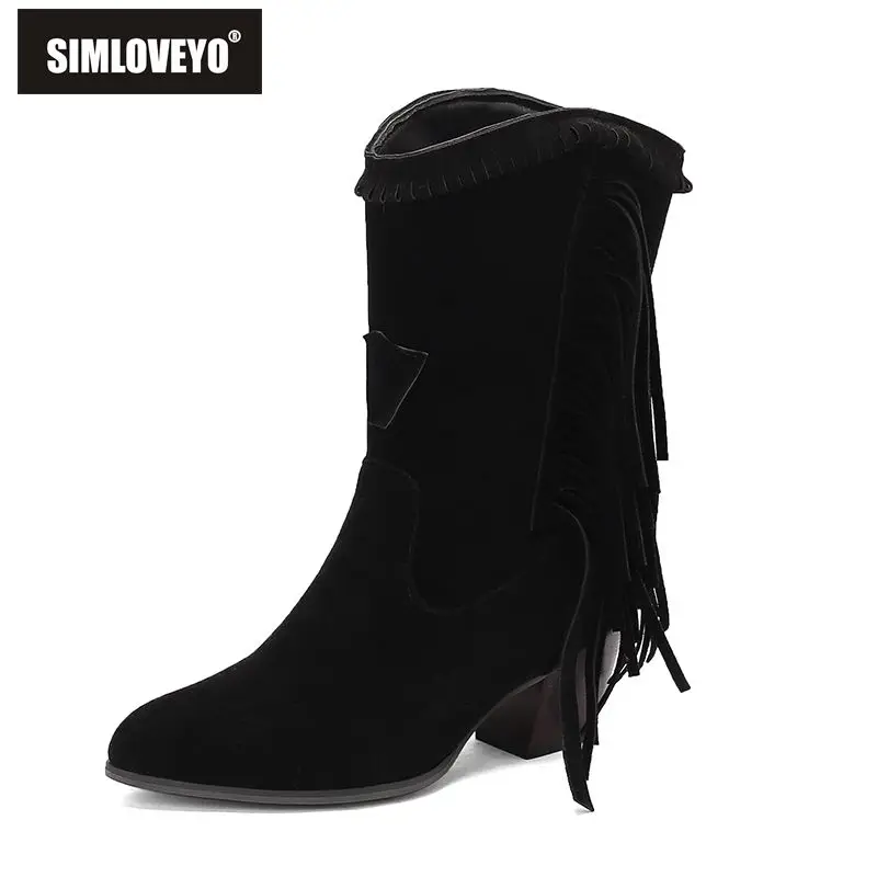 

SIMLOVEYO 2025 женские ботинки до середины икры с круглым носком, 6 см, туфли на блочном каблуке из флока, замши с кисточками, большие размеры, 45-48, повседневные ботинки в стиле ретро