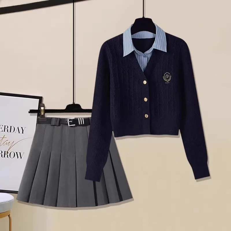 

Spring New Arrival Large Size College Style Knitted Set Quality Texture Plaid Two-Piece Suit with Short Pleated Skirt