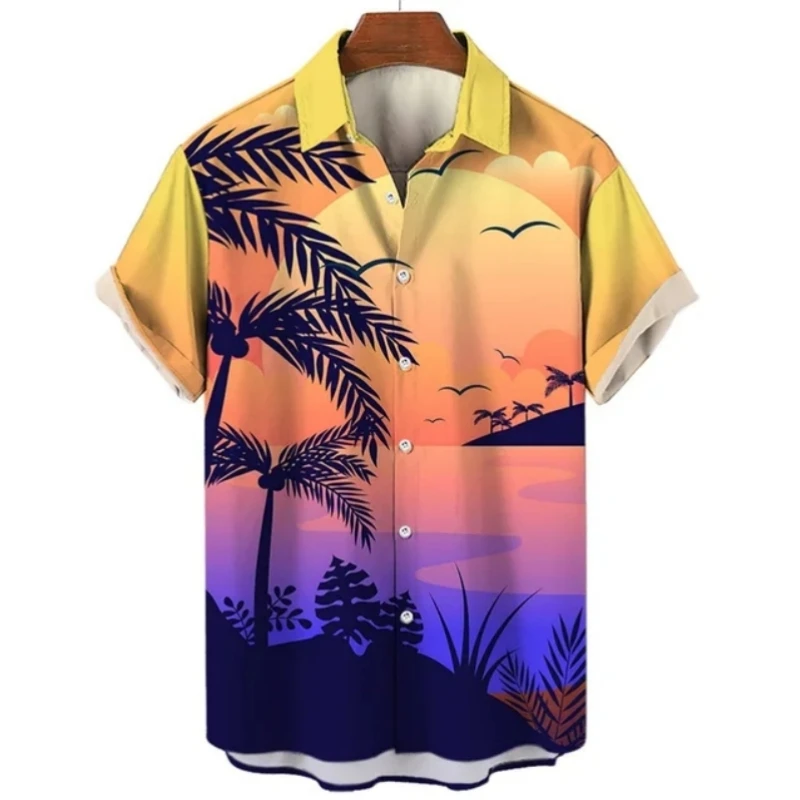 Hawaiian Men's Shirts Summer Loose Lapel Button-Down Shirt Palm Trees And Sunset Graphic Short-Sleeved Printed T-Shirt Men Shirt