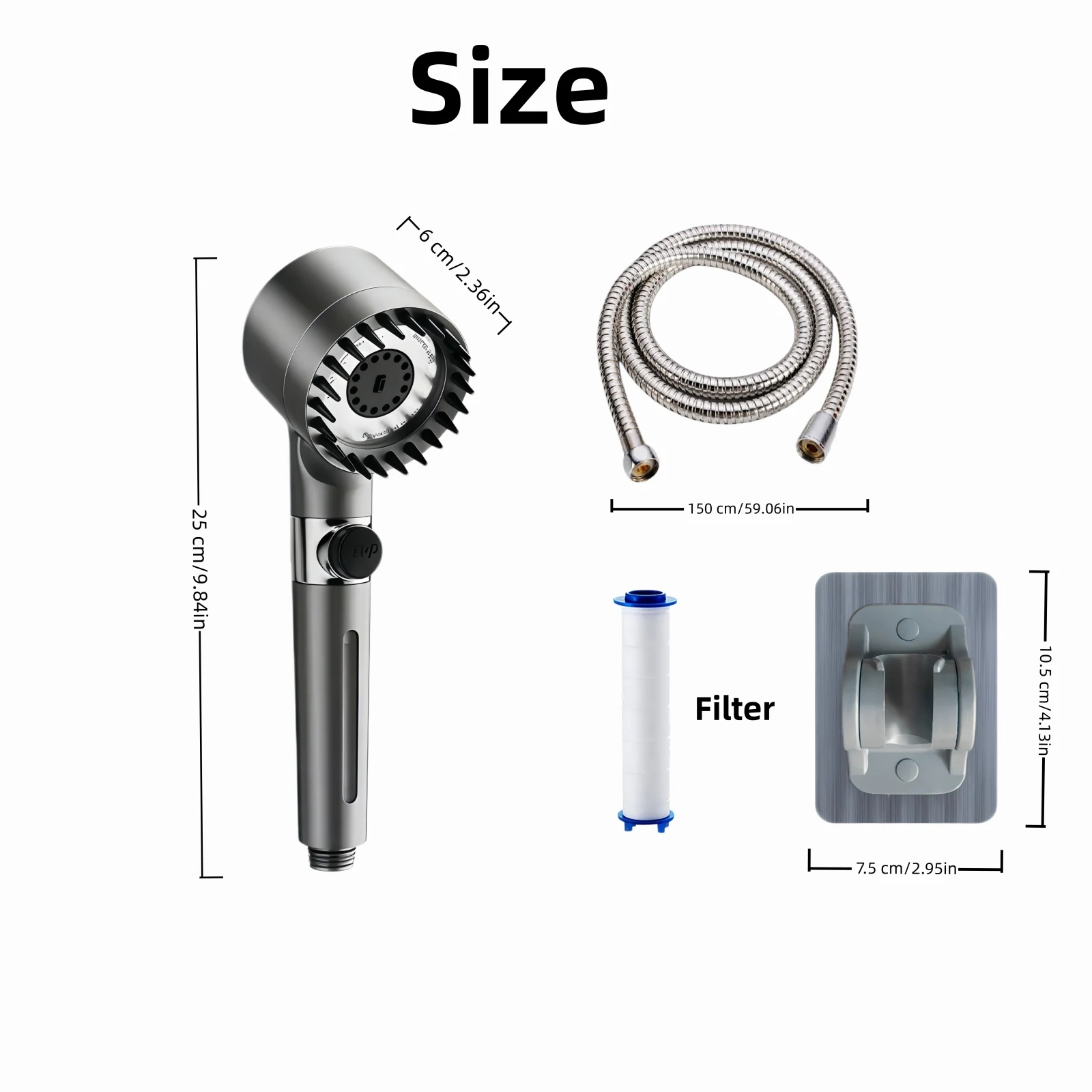 8PCS Gray High Pressure Water Saving Shower Head Set 3 Modes Adjustable with 5 Filter Cartridge 59in Hose No Drill Bracket