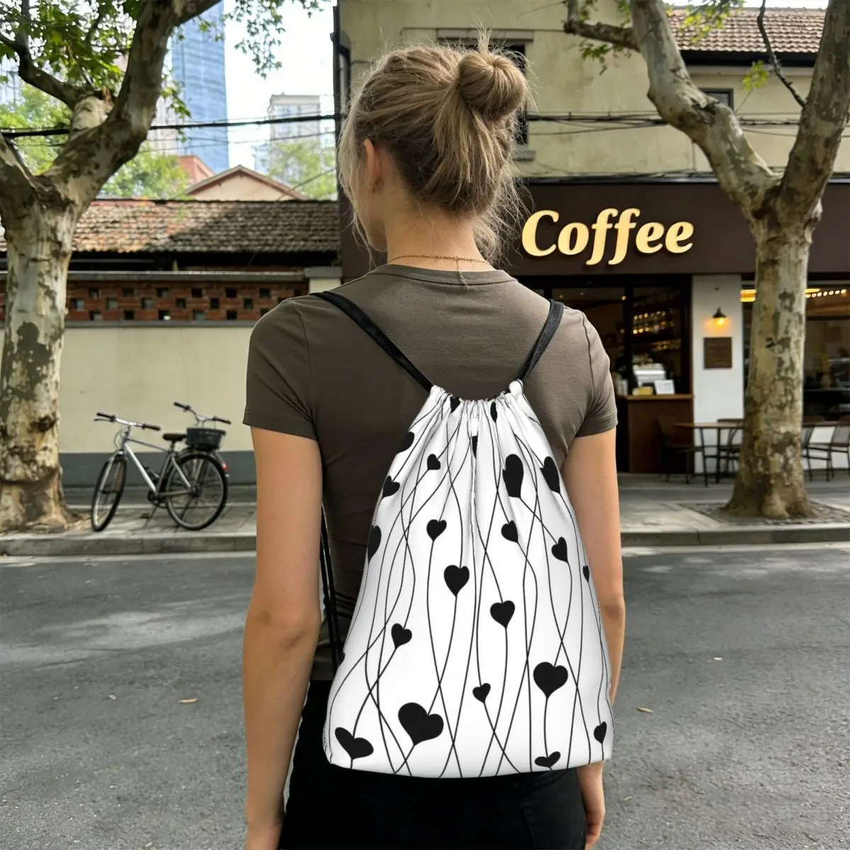 A Black Heart Shaped Pattern Backpacks Casual Drawstring Bags Sports Bag Book Bags for Travel School