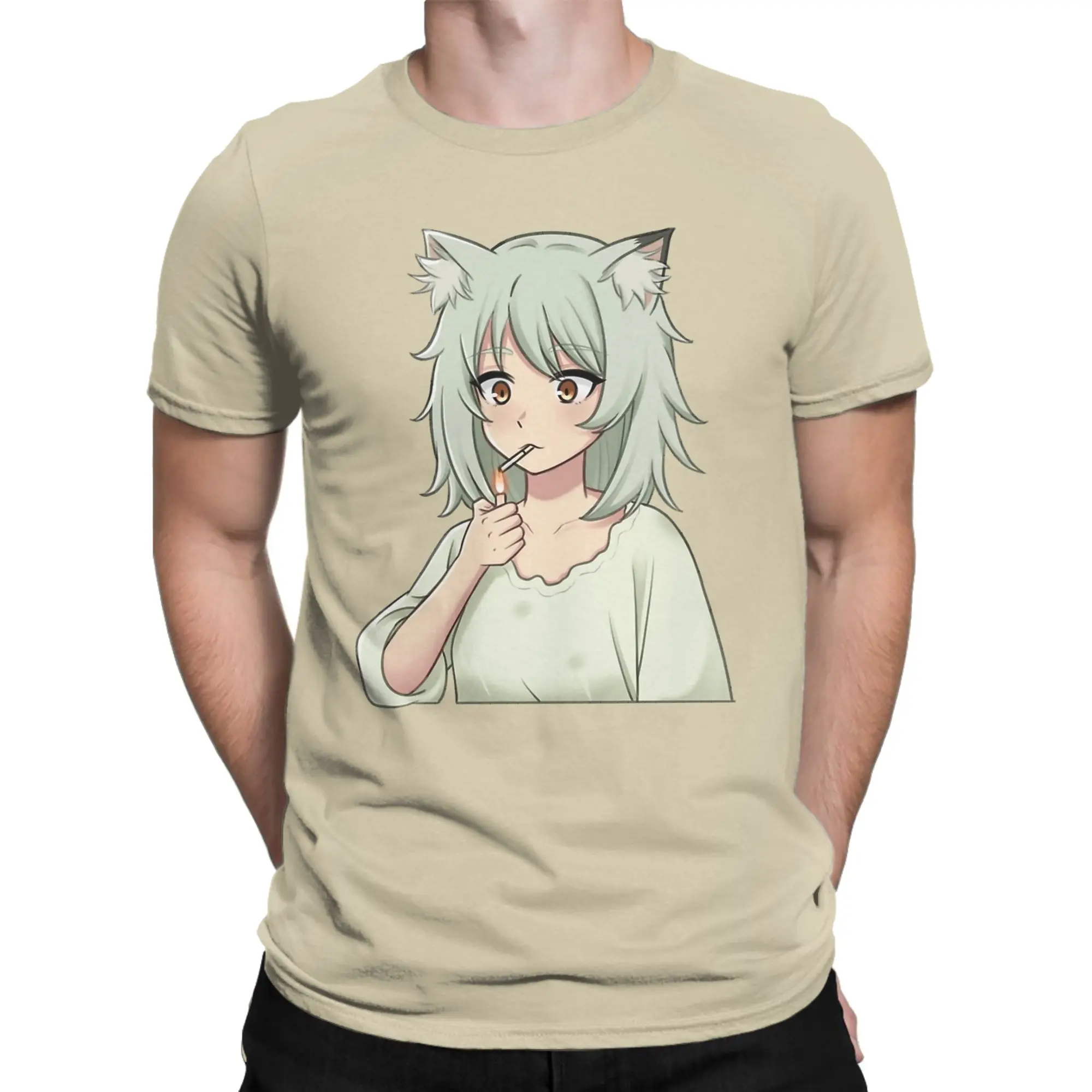 Funny Chainsmoker Cat Yani Neko Anime T-Shirts for Men Crewneck Pure Cotton T Shirts  Short Sleeve Tee Shirt Gift Idea Clothes