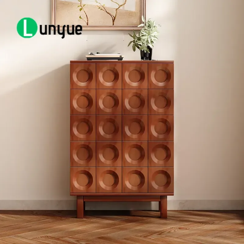 Mid Century Modern Modular Solid Oak 6 Drawer Locker Vintage Round Pattern Storage Cabinet for Bedroom Warehouse Home