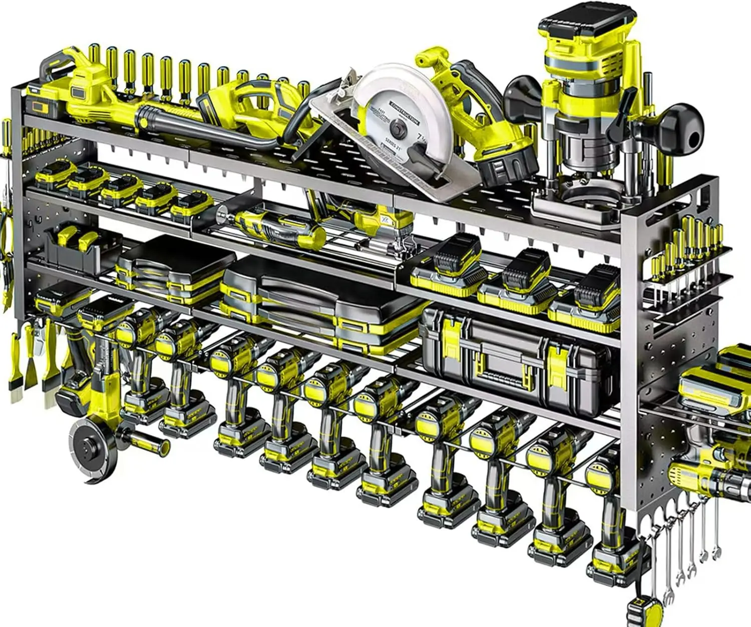 

Настенный органайзер для инструментов 49,8 дюйма с 14 держателями для дрелей, 4-уровневая стойка для хранения в гараже, черный