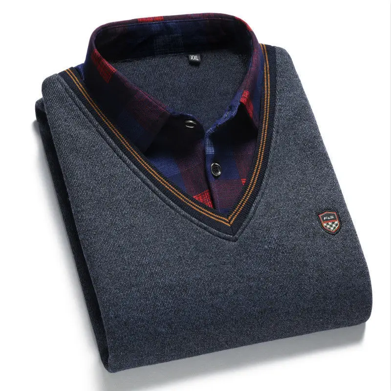 SHiONFA Herbst Winter Herren Langarm Pullover Shirts Gefälschte Zwei Stücke Pullover Fleece Dickes Hemd Gestrickte Casual Kleidung 4XL – Detail 6