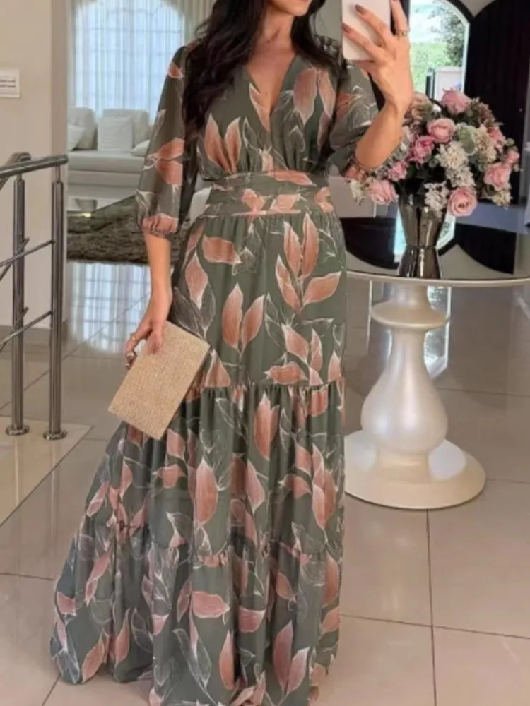 

Lady Elegant Floral Print Dress Fashion V Neck High Waist Loose Dresses For Women Casual Holiday Party Skirt Womens Clothing New