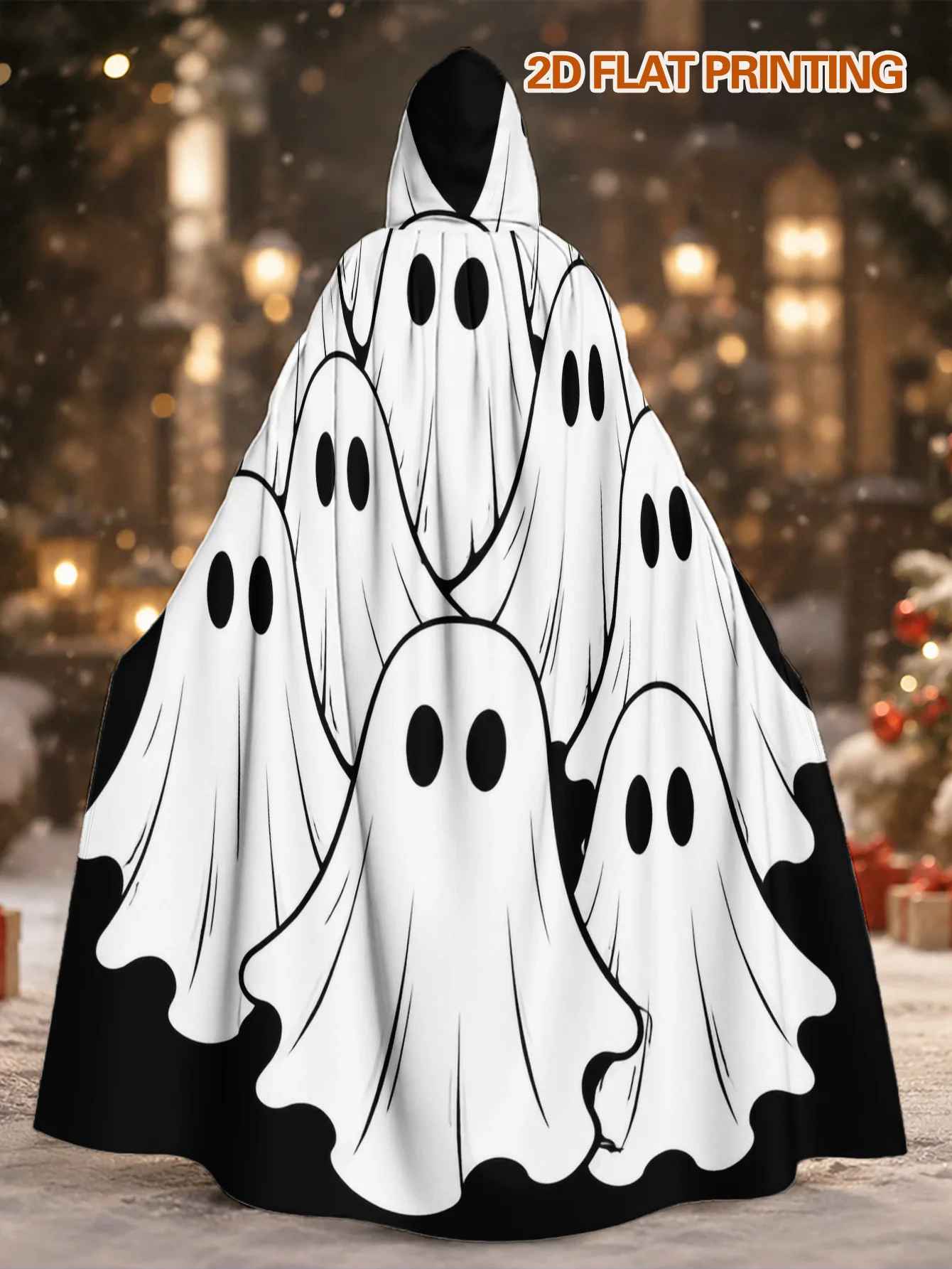 Customization 1pc, Halloween Ghost And Christmas Elf Inspired Hooded Robe With Halloween Ghostly Gathering Pattern, Polyester