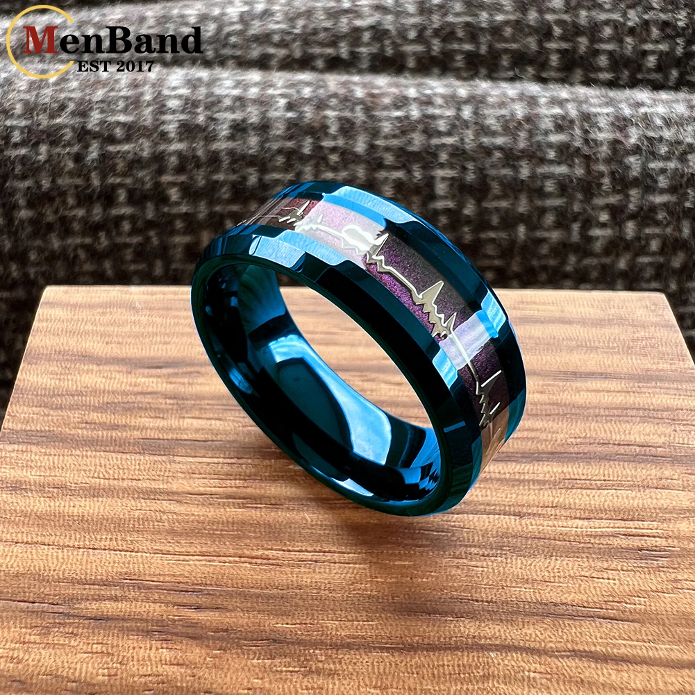 MenBand 8mm Tungsten Ring for Men Women Engagement Wedding Band Electrocardiogram Inlay Beveled Polishing Comfort Fit