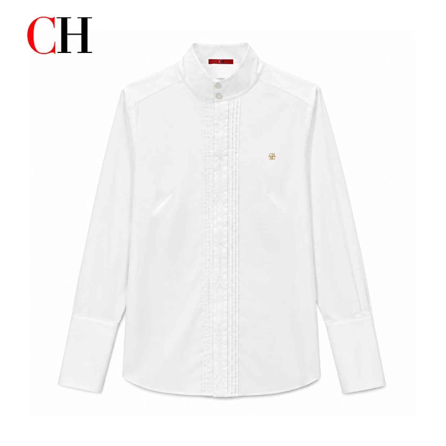 CH Women's White Stand Collar Shirt Long Sleeve Pleated Front Slim Fit Office Blouse Elegant Business Workwear Top image 4