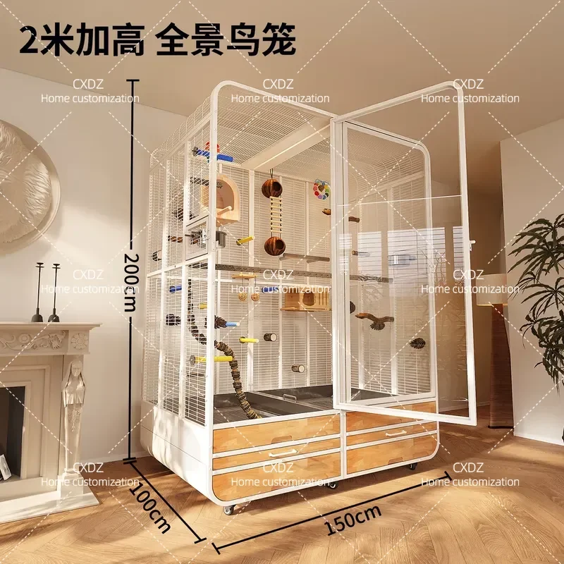 Large Luxury Parrot Cage Oversized Panoramic Transparent Bird Cage Gray Metal Frame Ecological Habitat for Sun Conure Monk