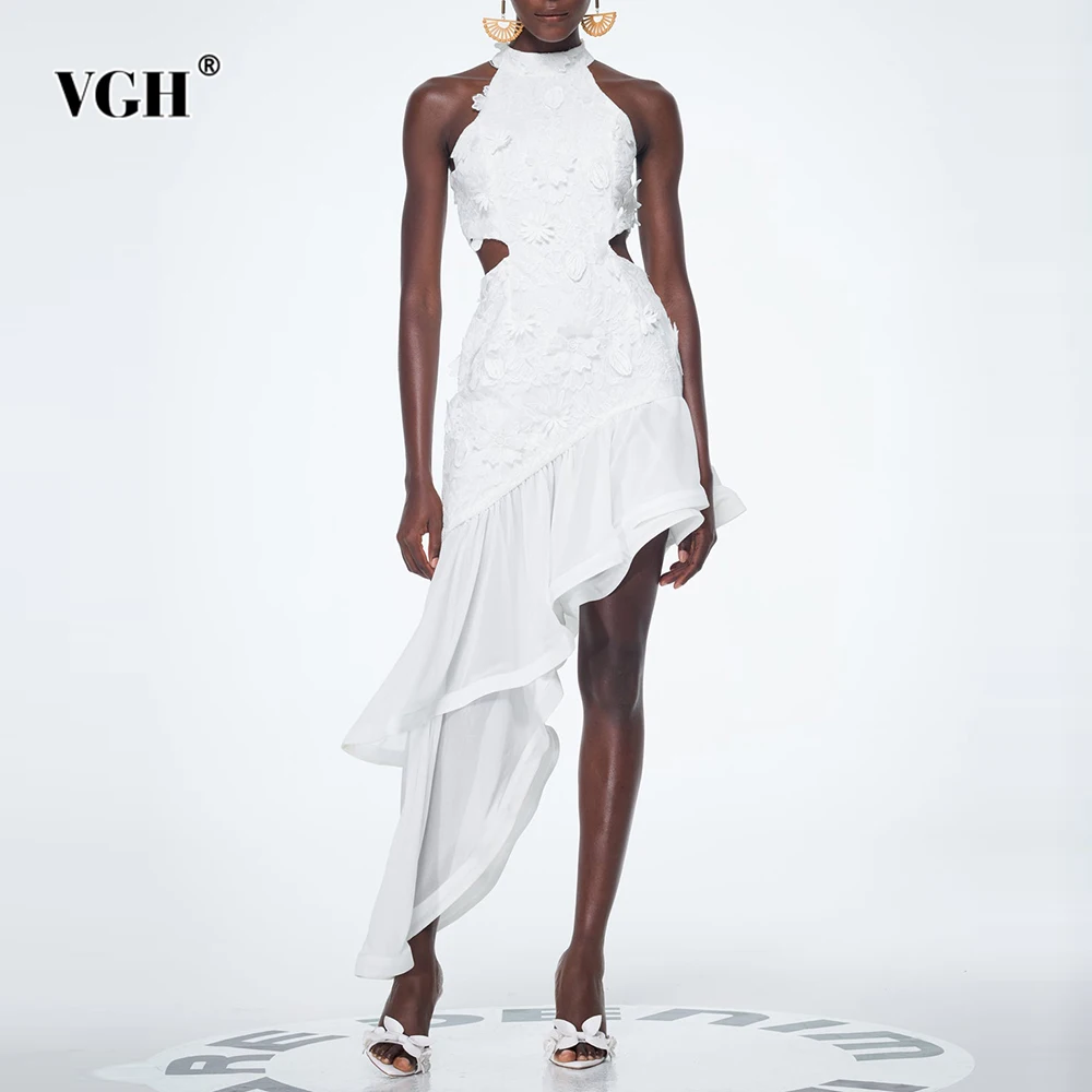 

VGH Designer Spliced Appliques Slimming Hollow Out Dresses For Women Round Neck Sleeveless High Waist Elegant Dress Female New