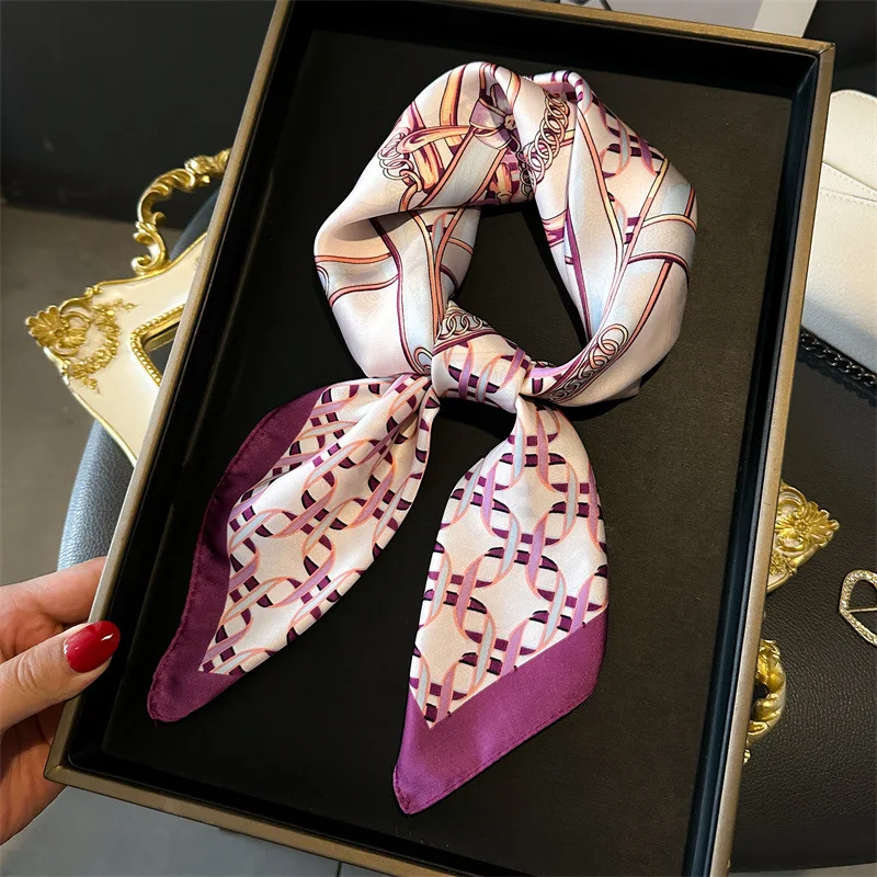 Luxury Brand Chain Print Square Scarf Women's Imitation Silk Scarf Casual Versatile Decoration Small Neck Scarf 70CMx70CM