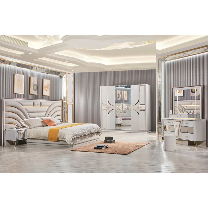 &Luxury Modern Hotel Soundproof King Size Queen Bed Frame Hotel Bedroom Furniture Wooden Fabric Beds