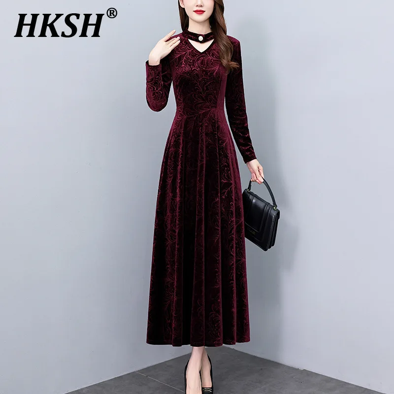 HKSH 2024 Spring Autumn Winter Women Tide Elegant Gold Dress Large Size Shrink Waist Thin Dress Luxury O-neck Office Lady H2894