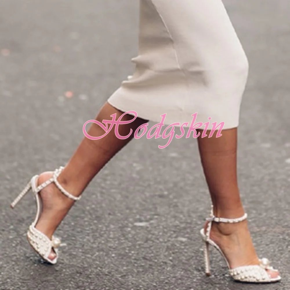 Pearl Studded Buckles Sandals Peep Toe Sexy Design Women Shoes Solid Stiletto Heels Ankle Straps Summer Party Wedding Pumps Shoe