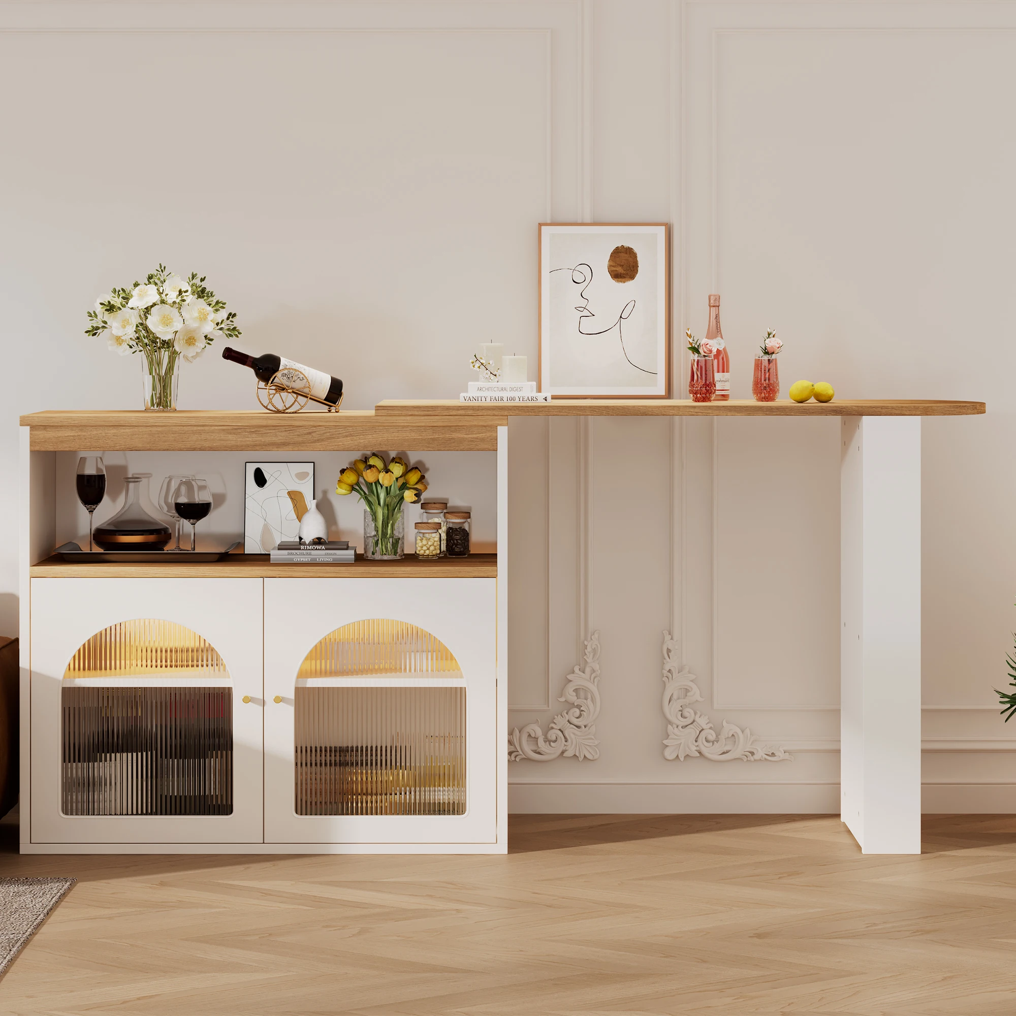Table de bar extensible et rotative avec rangement 3 niveaux et LED - Façade en verre, MDF blanc