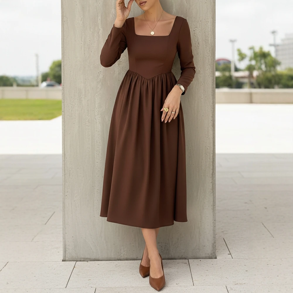 겨울 가을 슬림핏 미디 드레스 라운드 넥 스트레이트 슬리브 캐주얼 스타일 여성 스커트 타입 드레스 패셔너블 엘레강트