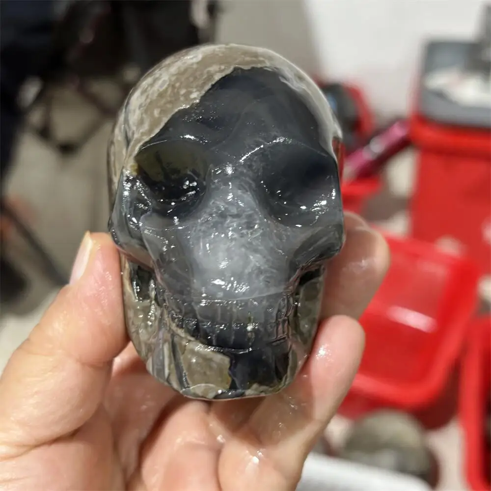 1PCS Natural Quartz Volcanic Agate Skull Carving Home Decor Healing Crystal Unique Birthday Gift Craft
