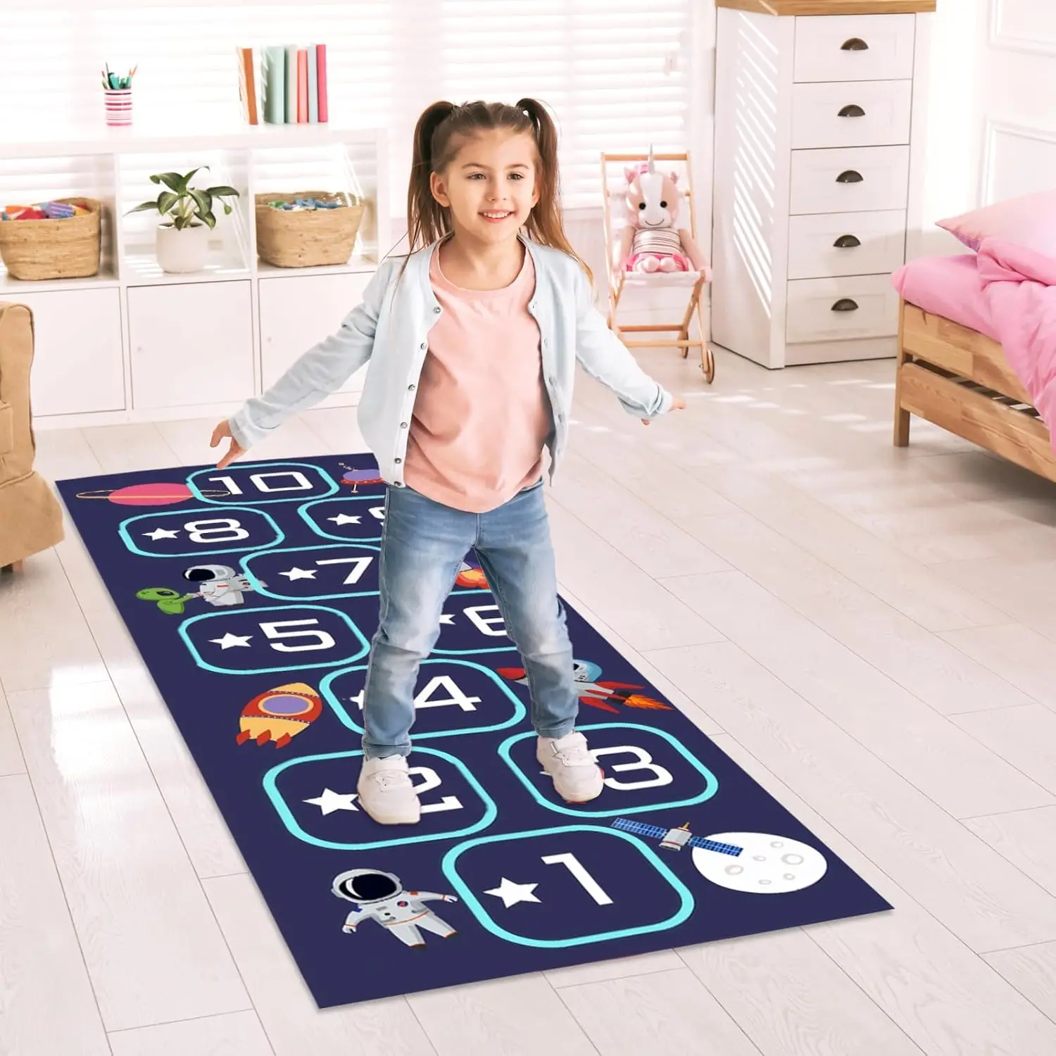 Space Hopscotch Kids Play Rug Number & Space Educational Carpet Non-Slip Washable Stain-resistant Play Mat for Kids Room Bedroom
