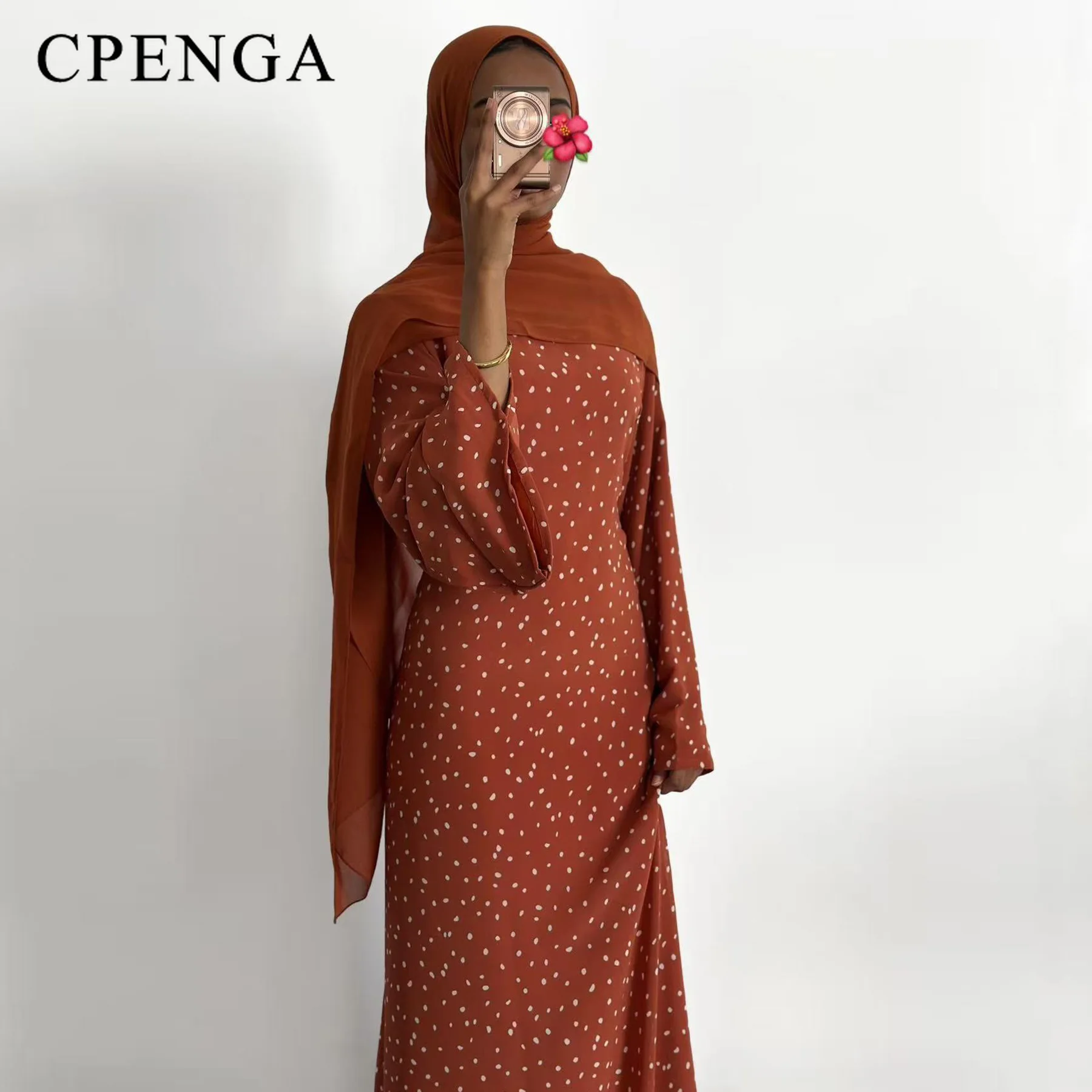 

Plus Size Abaya Dress Brick Red Polka Dot A-Line Maxi Loose Fit Long Sleeve Muslim Evening Gown Dubai 2026 Clothes for Women