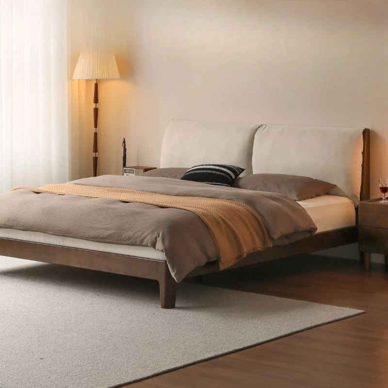 

Solid wood bed rubber wood modern simple soft bag double bed small apartment household fabric soft bed