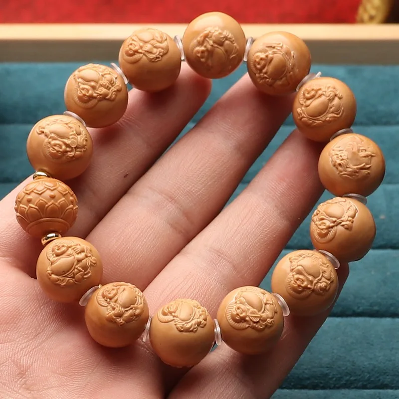 

Wild Monkey Head Peach Pit Carved Handmade Landscape Lotus Free Maitreya Bracelet Short Round Relief Men Collectables-Autograph