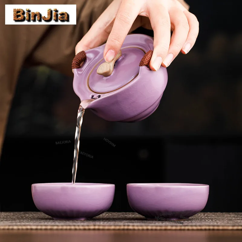 Purple Ru Kiln Ruyi Ceramic Travel Tea Set Kit Creative 1 Pot 2 Cups Tea Brewing Organizer Portable Camping Handbag Tea Items