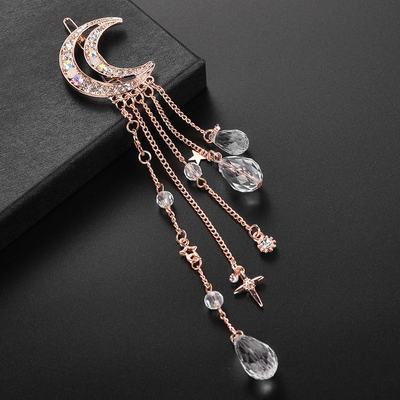Halbmond- und Stern-Haarspange mit Quaste für Damen, Strass- und Kristallmond- und Stern-Seitenklammer im Girly-Stil – Detail 8