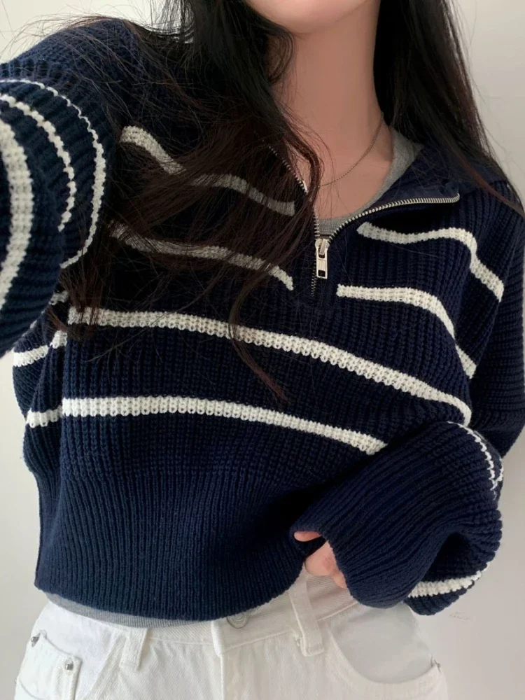 AOSSVIAO Korean Chic Lazy Stripe Lapel Half‑Zip Knit Women Pullover Loose Collared Striped Knit Sweater Casual Versatile Tops