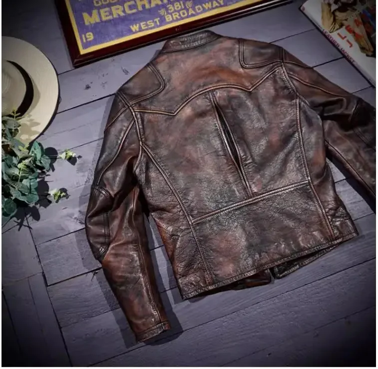 Shop Best.US Classic Motor Biker Luxury genuine leather jacket.Retro Brown tea core horsehide coat.Men vintage cloth