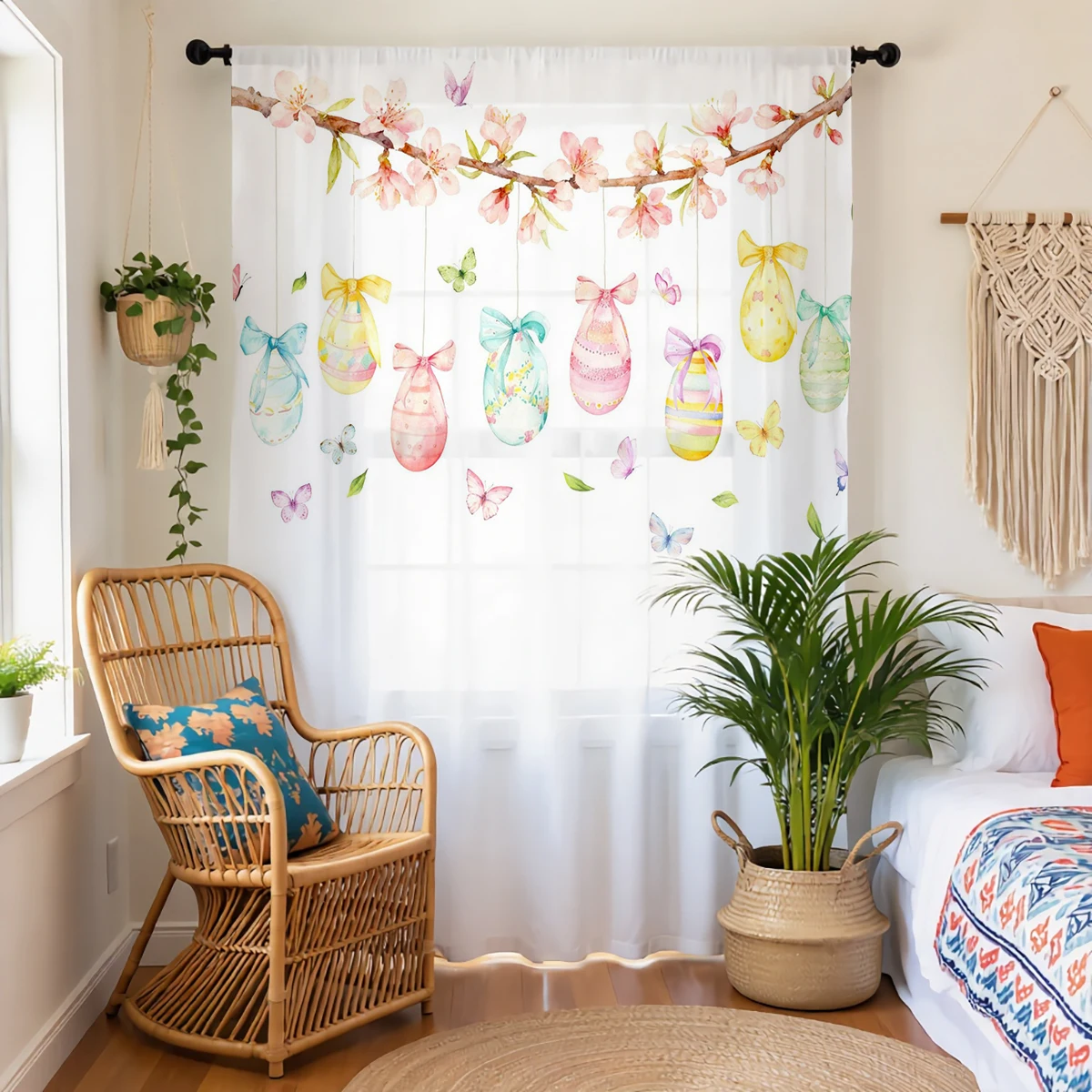 1PC Easter Egg Sheer Curtain - Hanging Egg & Cherry Blossom Pattern Pole Window Curtain for Spring Decor