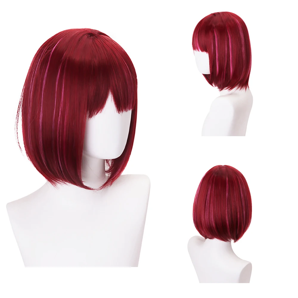 

High-Quality Anime Oshi NoKo Kana Arima‌‌ Cosplay Synthetic Hair 12-Inch Burgundy Highlighted Short Halloween Wig Heat Resistant