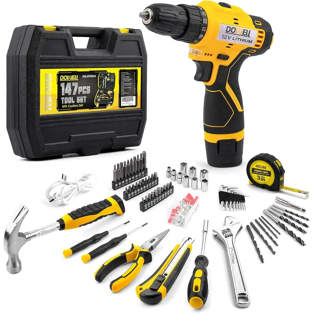 

147 Pcs Tool Kit with 12V Cordless Drill, 3/8 Key Chuck, LED, Type-C Charge Cable