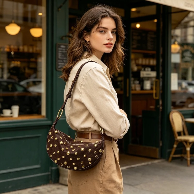 

Модная сумка-полумесяц с заклепками в стиле панк, новинка, женская модная сумка через плечо