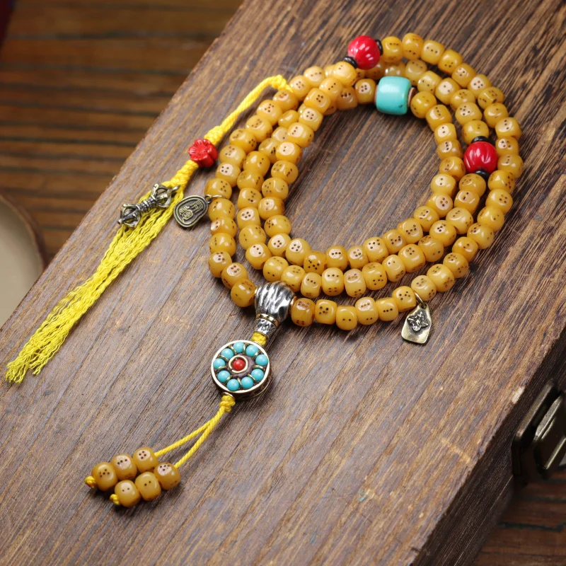 Natural Primary Color Tibetan Coated Pulp Ox Bone Type 108 Bead Chain Oily 108 Dice Beads Bracelet