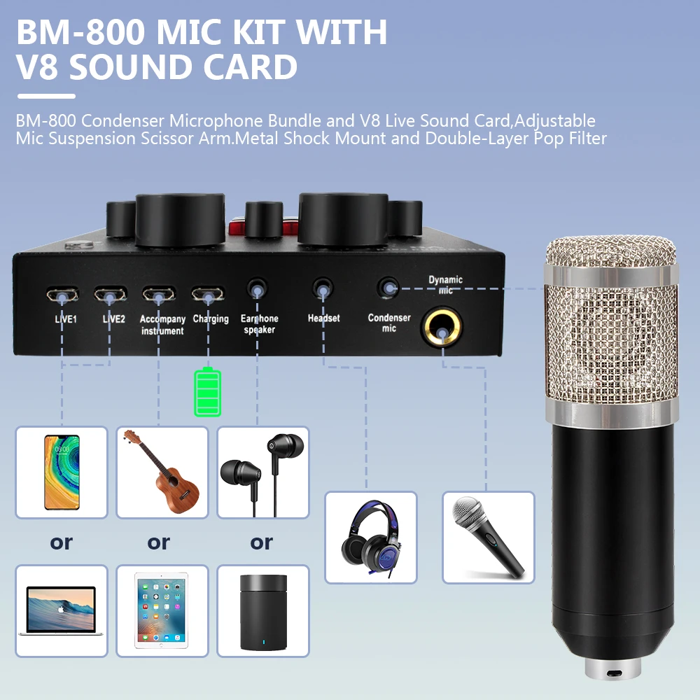 Micfuns V8+BM800 Sound Card Kits Audio Interface Condenser Microphone with Bluetooth USB for Live Streaming Youtube Recording