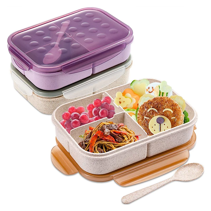 Fiambrera Bento de fibra de trigo para adultos, contenedores de almuerzo para niños, de 3 compartimentos fiambrera, contenedores de comida a prueba de fugas con cuchara